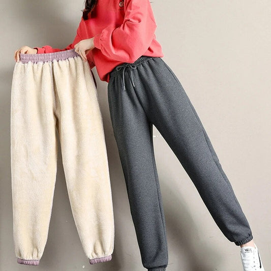 maoxiangshopWinter Thick Fleece Leggings Women Casual Harlan Pants Versatile Straight Pants Trendy Ankle-Length Trousers Warm Sweatpant