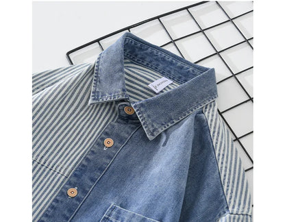maoxiangshop New Men's Denim Shirts Spring High Street Loose Long Sleeves Jean Tops Stripe Patchwork Designer Shirt Youth Fashion Overshirt