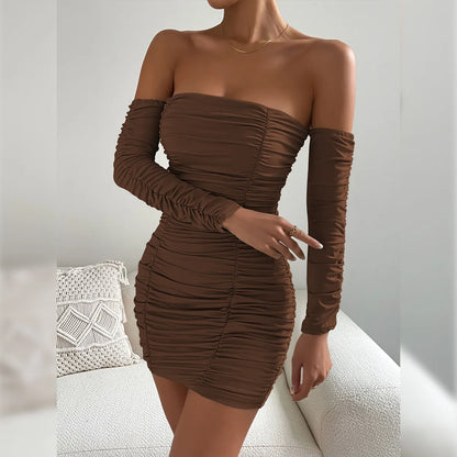 maoxiangshop Long Sleeves Sexy Ruched Strapless Dress Women New Fashion Female Pure Color Mini Pleated Casual Clothing