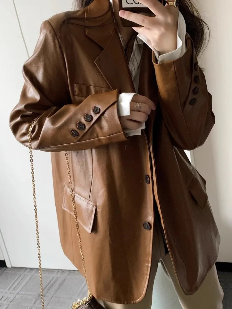 maoxiangshop  -  Fashionable Casual Suit Jacket For Women'S Autumn And Winter New Style Retro Hong Kong Style Loose Motorcycle Jacket