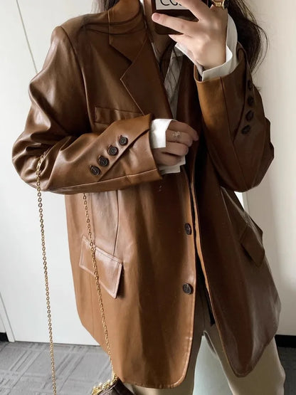 maoxiangshop  -  Fashionable Casual Suit Jacket For Women'S Autumn And Winter New Style Retro Hong Kong Style Loose Motorcycle Jacket