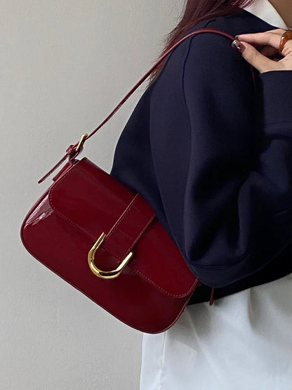 Burgundy Glossy Shoulder Bag for Women New Vintage Hasp Design Soft Leather Handbags Ladies Fashion Crossbody Bags