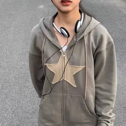 Y2K Vintage Star Patched Zip Up Hoodies 2000s Retro Harajuku Grunge Sweatshirt Korean Fashion Autumn Spring Outerwear Coat