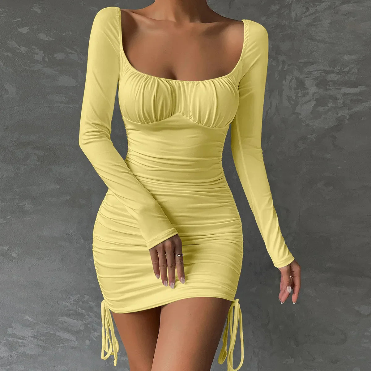 maoxiangshop Sexy Square Neck Backless Tight Mini Dress Women's Long Sleeve Drawstring Pleated Party Wrapping Dress New Style