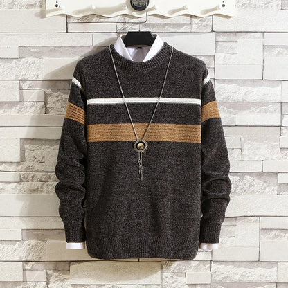 maoxiangshop Autumn and Winter Sweaters Men's Round Neck Stripe Contrast Chenille Elastic Casual Versatile Solid Knit Pullover Top