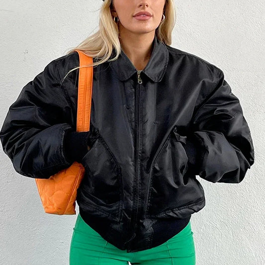 maoxiangshop  -  Autumn and Winter New Fashion Casual Lapel Stitching Jacket Loose Zipper Lapel Warm Jacket Casual Top women clothes