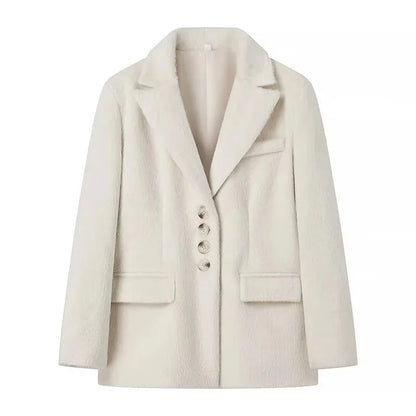 maoxiangshop  -  New Women's Collar Plush Jacket Elegant Loose Chic Coat Winter Thicken Fashion Office Ladies Warm Button Plush Jacket