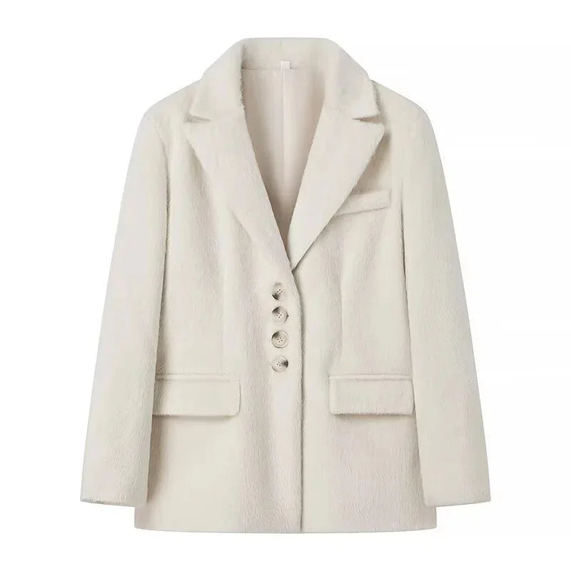 maoxiangshop  -  New Women's Collar Plush Jacket Elegant Loose Chic Coat Winter Thicken Fashion Office Ladies Warm Button Plush Jacket