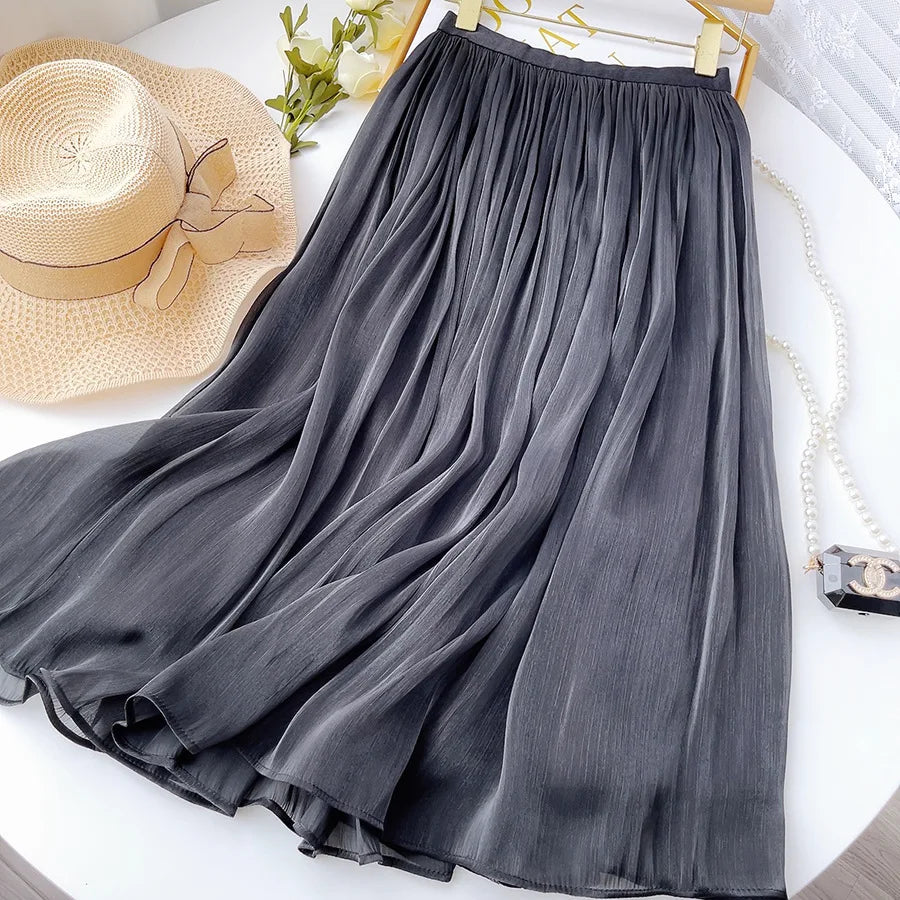 maoxiangshop Women's Organza Long Skirts Elastic Band High Wiatsed Fashion Chic Y2k Pleated A Line Elegant Office Casual Skirts