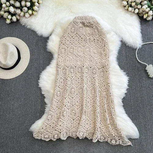 maoxiangshop Boho Holiday Long Skirts Women Crochet Hollow Out Female Trumpet Skirt Ladies Elegant Lace Patchwork Summer Skirt