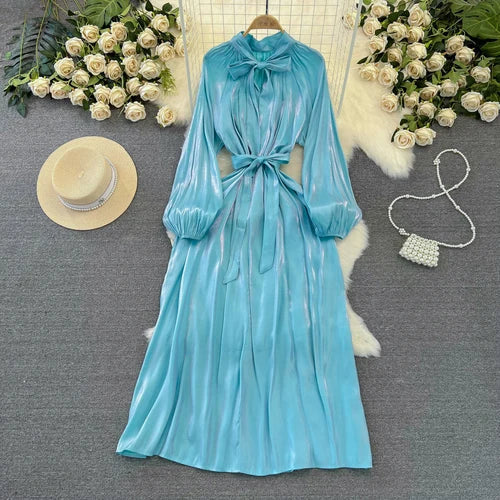 maoxiangshop Frenchic Vintage Long Dress Women Lace-up Bow Collar Lantern Sleeve Female Vestidos De Mujer Spring Elegant Dresses