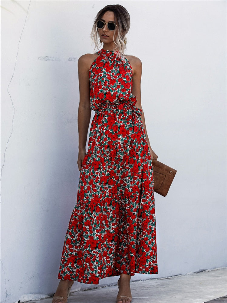 Summer Long Floral Halter Dress Women New Casual Slim Leopard Bandage Ladies Dot Print Beach Style Maxi Dresses