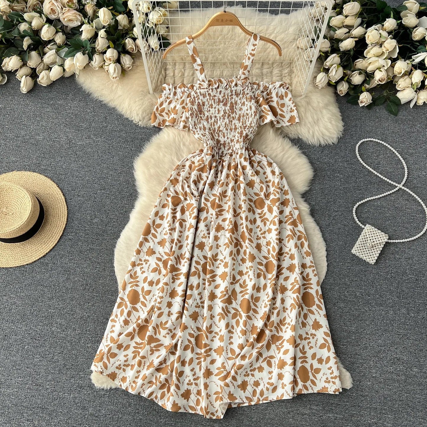 maoxiangshop Romantic Floral Print Long Summer Dress Women Fashion Off Shoulders Straps Vacation Beach Dress Korean Party Vestidos