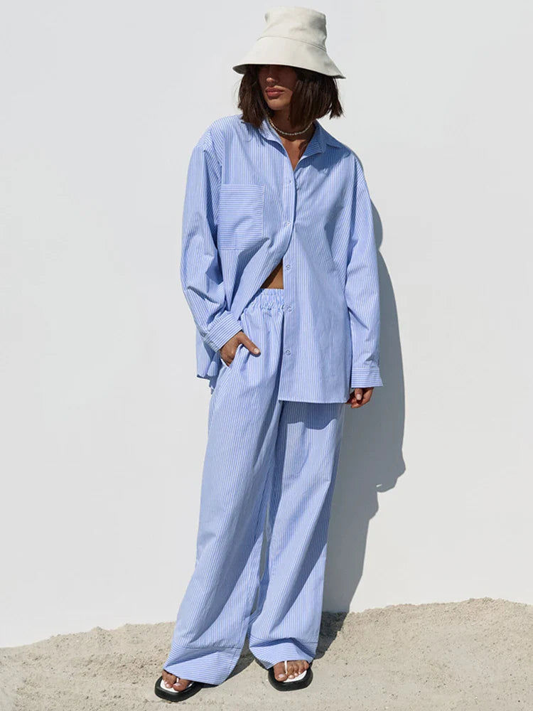 maoxiangshop  -  Women Autumn Winter Striped Pant Set Blue Long Sleeve Outfits Office igh Waist 2 Two Piece Matching Set Women