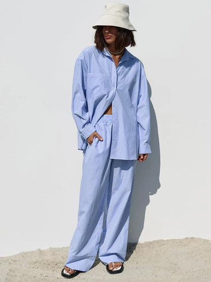 maoxiangshop  -  Women Autumn Winter Striped Pant Set Blue Long Sleeve Outfits Office igh Waist 2 Two Piece Matching Set Women