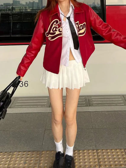 maoxiangshop  -  Women Leather Fashion Embroidery Zipper Short Jacket Elegant Long Sleeves Lapel Loose Coats Autumn Female Streetwear Outercoat