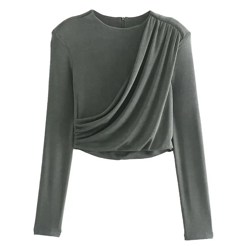 maoxiangshop HH TRAF Autumn Fashion Tops For Women Long Sleeves Asymmetrical Slim Pleated Short Top Female Sexy Party Club Women's Tights