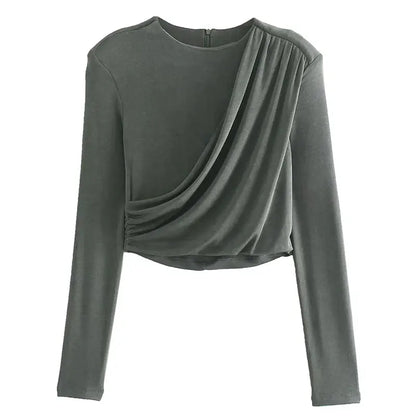 maoxiangshop HH TRAF Autumn Fashion Tops For Women Long Sleeves Asymmetrical Slim Pleated Short Top Female Sexy Party Club Women's Tights