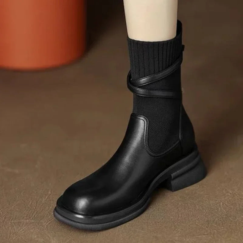 maoxiangshop  -  Knitted Elastic Socks Boots Women 2024 Winter Warm Chunky Heel Platform Ankle Boots Leather Pu Belt Buckle Design Botas Mujer