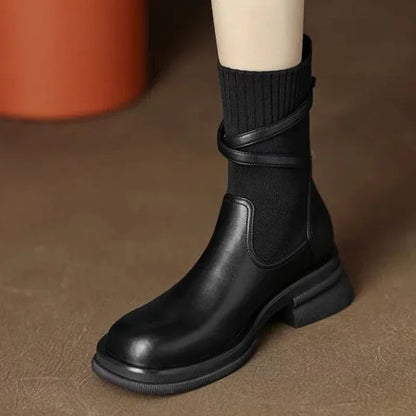 maoxiangshop  -  Knitted Elastic Socks Boots Women 2024 Winter Warm Chunky Heel Platform Ankle Boots Leather Pu Belt Buckle Design Botas Mujer