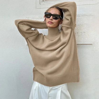maoxiangshop  -  Winter Knit Turtleneck Pullover Female Clothes Loose Casual Ribbed Patchwork Long Sleeve Oversized Sweater Women Knitwear New