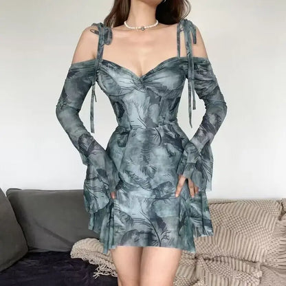 maoxiangshop Party Dresses For Women Printed Bell Sleeves Backless Off Shoulder Sexy Irregular Dress 2023 New Fashion Chic Night Club Vestido