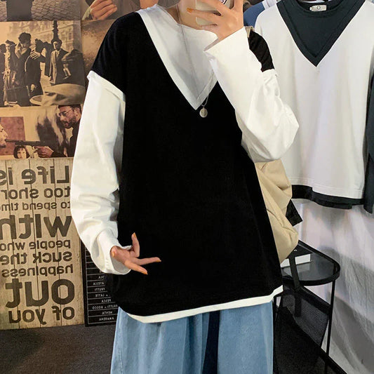 maoxiangshop Fake Two Piece 100% Cotton Spring Autumn Harajuku Long Sleeve Men T Shirt Casual Korean Fashion Oversized Woman Top 2022 Trend