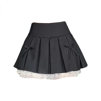 maoxiangshop  -  2024 New Women's Spring/Summer Cute Spliced Lace Edge Mini Skirt Sexy Bow Design Casual Y2K All match A-line Black Pleated Skirt