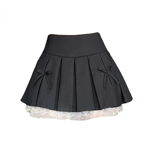 maoxiangshop  -  2024 New Women's Spring/Summer Cute Spliced Lace Edge Mini Skirt Sexy Bow Design Casual Y2K All match A-line Black Pleated Skirt