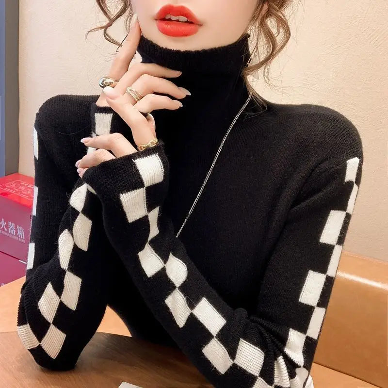 maoxiangshop Knitted Women's Autumn Winter New Korean Version Temperament Versatile Long-sleeved TopTurtleneck Plaid Undershirt Sweater