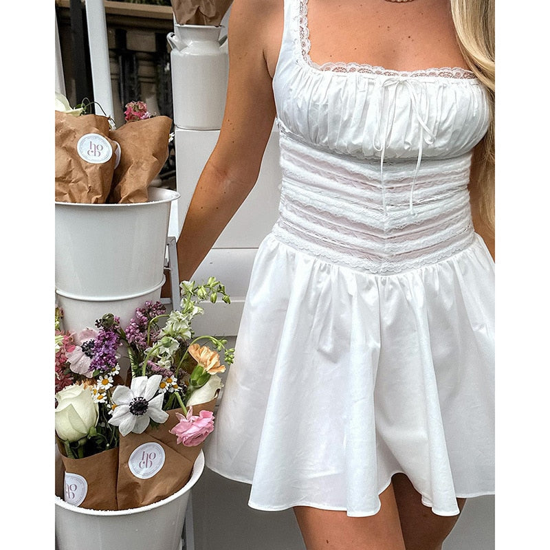 maoxiangshop Square Neck White Dress Lovely Lace Patchwork A Line Holiday Party Dresses Casual Mini Summer Dresses Women