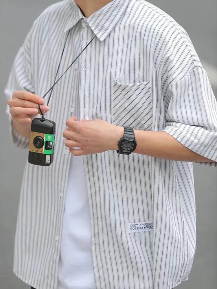 maoxiangshop New Men's Short Sleeve Casual Shirt British Style Casual Striped Plaid Appliques Shirts Comfortable Button Male Business Shirts