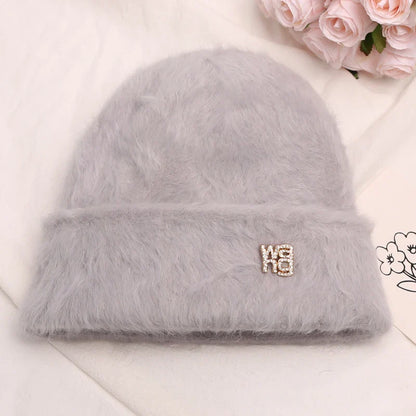 maoxiangshop New Fashion Rabbit Fur Y2k Beanies for Women Soft Warm Fluffy Angola Winter Hat Female Windproof Bonnet Hat Skullies Cap