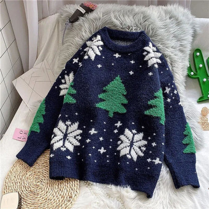 maoxiangshop Sweater Women Christmas Red Pullover Knitwear Korean Loose Fluffy Top Trending Sweater Autumn and Winter Lazy Wind Round Neck