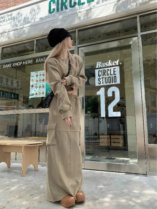 maoxiangshop-Retro Women Sets New Spring Autumn Fashion Long Sleeve Printed Top Pockets Split Long Skirt Solid Two Piece Sets Female