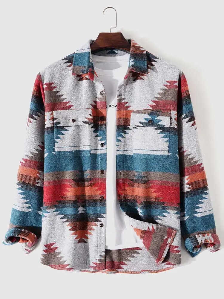 maoxiangshop Shirt Jacket for Men Tribal Geometric Print Blend Wool Ethnic Jacket Blouse Outerwear Fall Winter Long Sleeve Shacket Tops