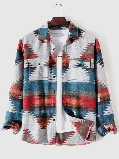 maoxiangshop Shirt Jacket for Men Tribal Geometric Print Blend Wool Ethnic Jacket Blouse Outerwear Fall Winter Long Sleeve Shacket Tops