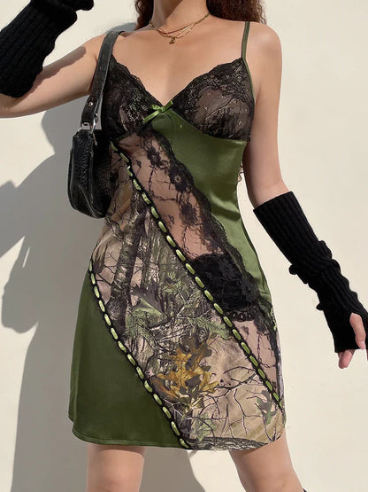 Forest Green Fairycore Plant Print Patchwork Lace Trim Slip Short Dress Women Summer Vacation Clothing