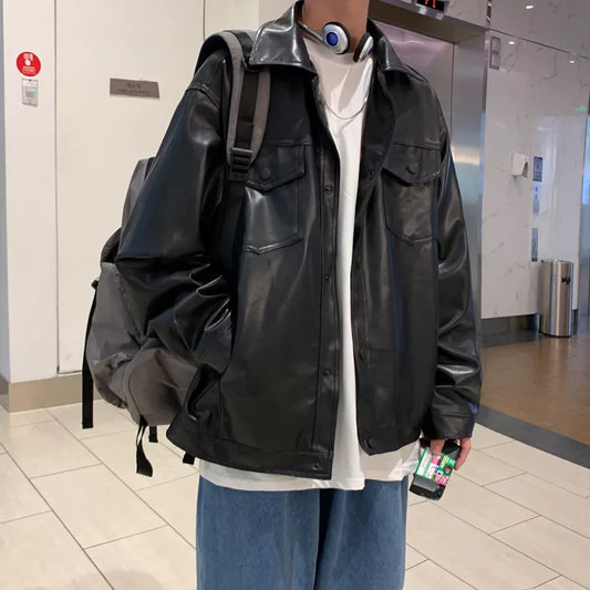 maoxiangshop Black Faux Leather Jacket Men Autumn Mens Hip Hop Jacket PU Leather Male Oversize Streetwear Korean Trend Jackets Coats