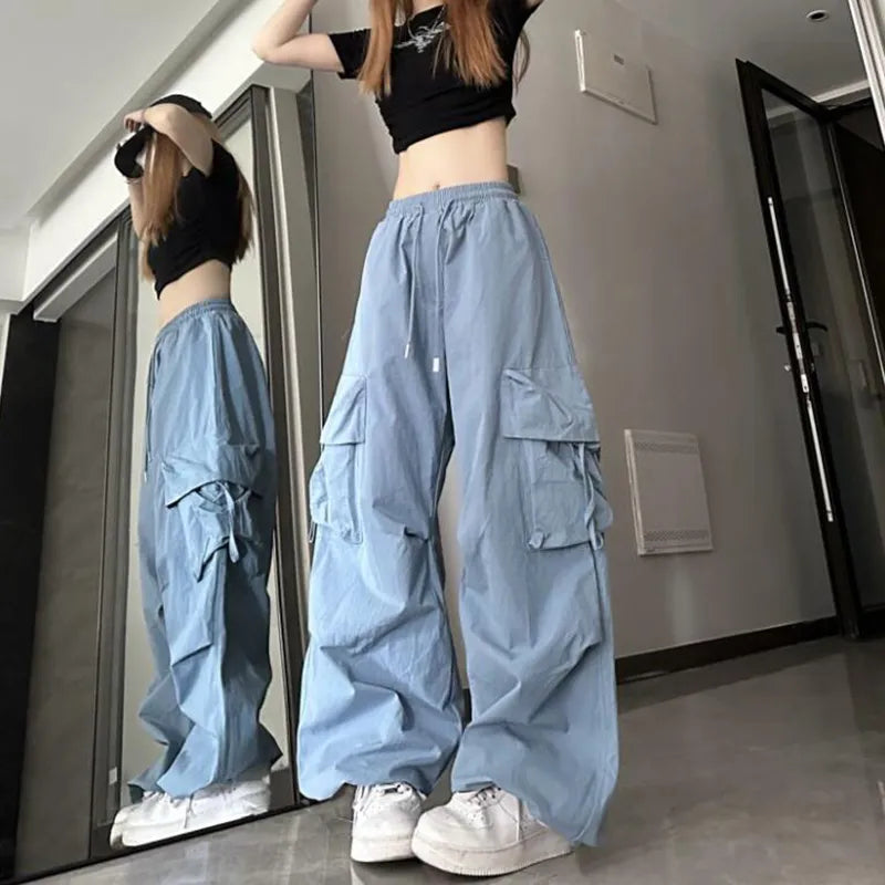 maoxiangshop Hip Hop Y2K Cargo Pants Women Streetwear Harajuku Big Pockets Casual Trousers Korean Loose High Waist Design Solid Pants Z