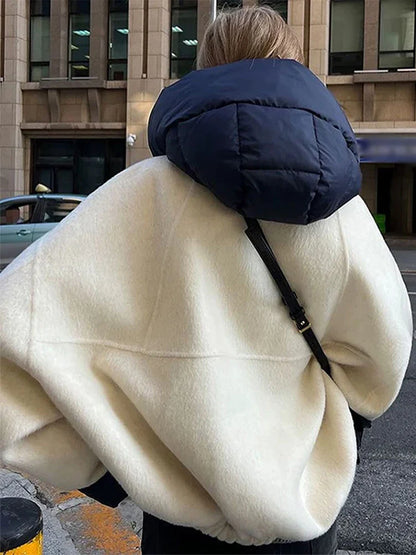 maoxiangshop  -  Zipper Panelled Women's Jackets With Hoodies Casual Drawstring Long Sleeved Jacket Female Autumn Winter Short Loose Outwear Tops
