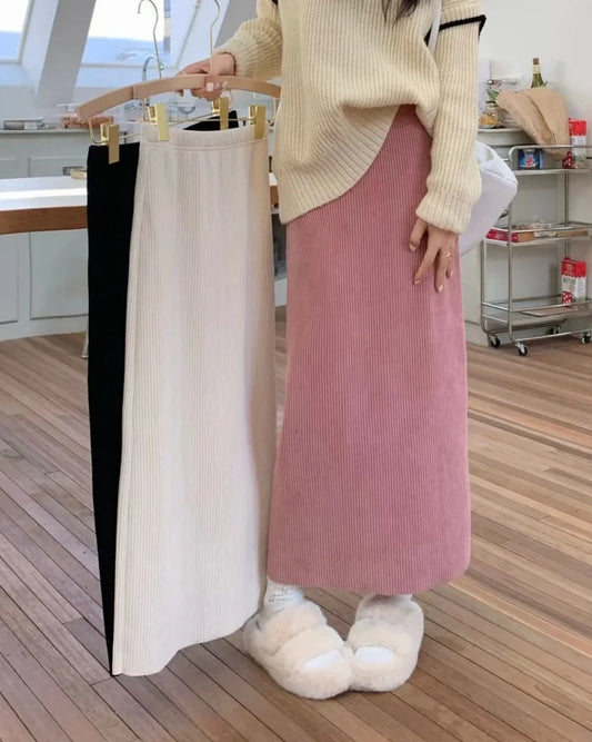 maoxiangshop Corduroy Midi Skirts Women Casual Solid Elegant Harajuku Lovely Females College Warm A-line Elastic High Waist Korean Fashion