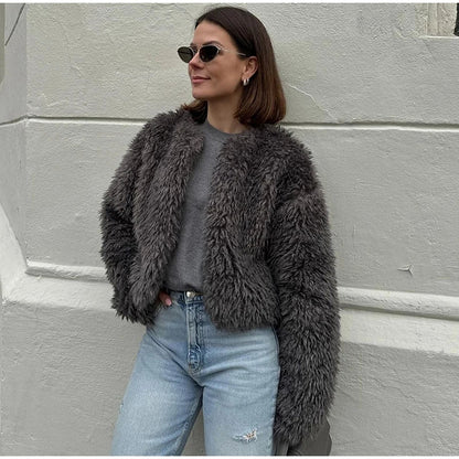 maoxiangshop -  Winter Loose Artificial Fur Jacket Women Fashion O Neck Long Sleeve Plush Warm Coat Autumn Chic Office Lady Thick Gary Outerwear