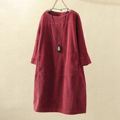 maoxiangshop Women Vintage Pockets Corduroy Solid Color Long Sleeve Loose Casual Dress vestido feminino party dresses Women's dress