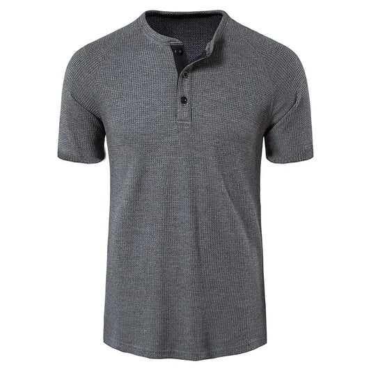 maoxiangshop High Quality Summer Men's Tshirt Casual Short Sleeve Henry Collar T Shirt for Men Solid Color Tops Tees Mens Clothing US Size
