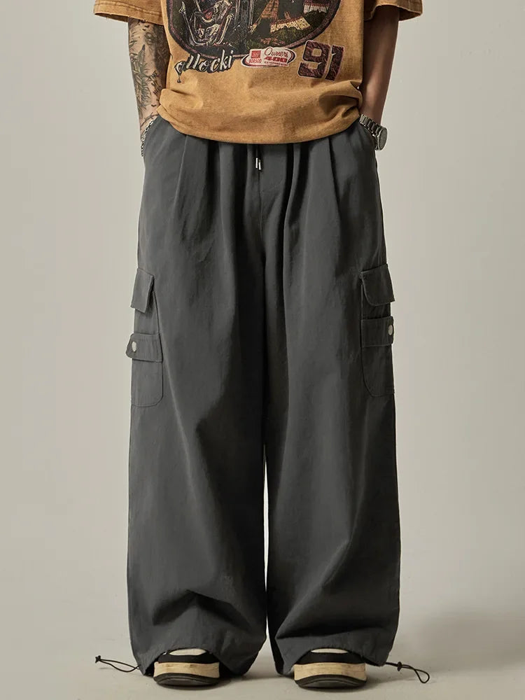 maoxiangshop Japanese Baggy Cargo Pants Men Oversize Wide Leg Cargo Trousers Male Loose Casual Streetwear Hip Hop Pocket Autumn