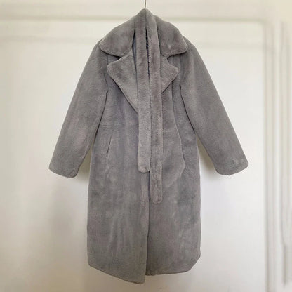 maoxiangshop  -  Luxury Winter Long Overcoats Women Oversized Lapel Belted Faux Rabbit Fur Coat Jacket Female Plus Size Outerwear Plush Fur Coats