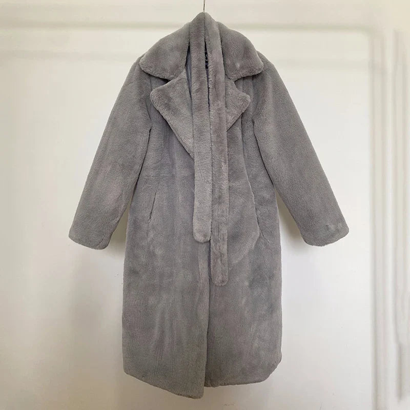 maoxiangshop  -  Luxury Winter Long Overcoats Women Oversized Lapel Belted Faux Rabbit Fur Coat Jacket Female Plus Size Outerwear Plush Fur Coats