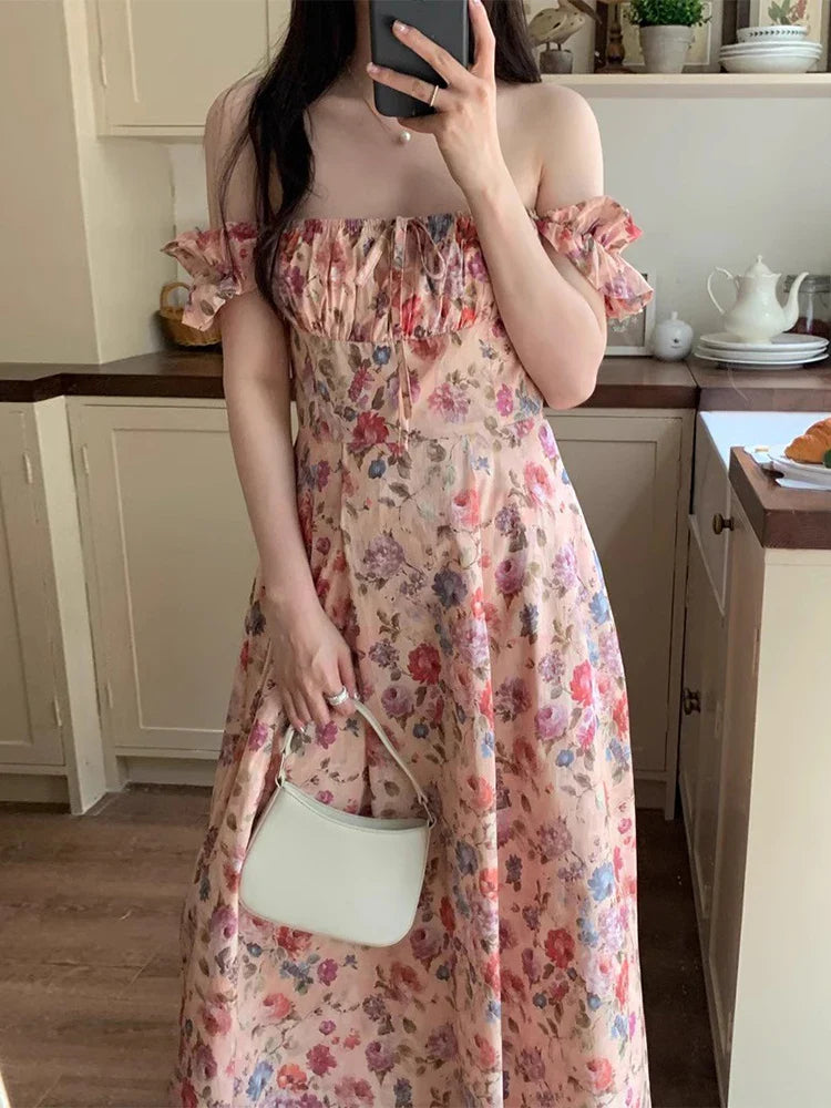 maoxiangshop Korean Chic One Line Collar Contrast Color Pleated Waist Slim Strapless Floral Dress For Women  Spring Summer