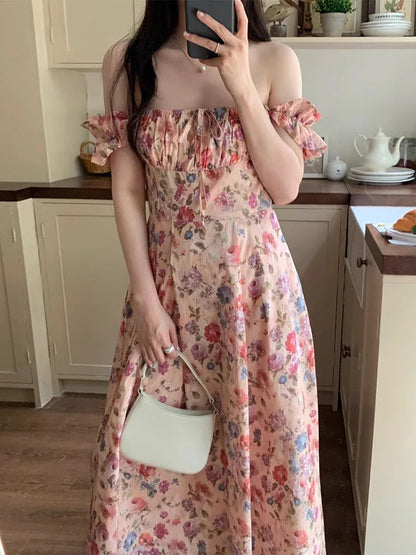 maoxiangshop Korean Chic One Line Collar Contrast Color Pleated Waist Slim Strapless Floral Dress For Women 2024 Spring Summer